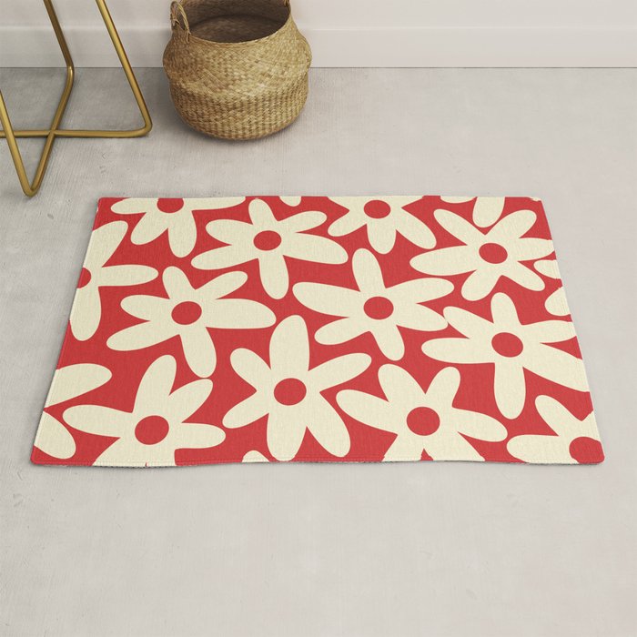 Daisy Time Floral Pattern in Retro Christmas Red and Cream Rug Gallery Image 1