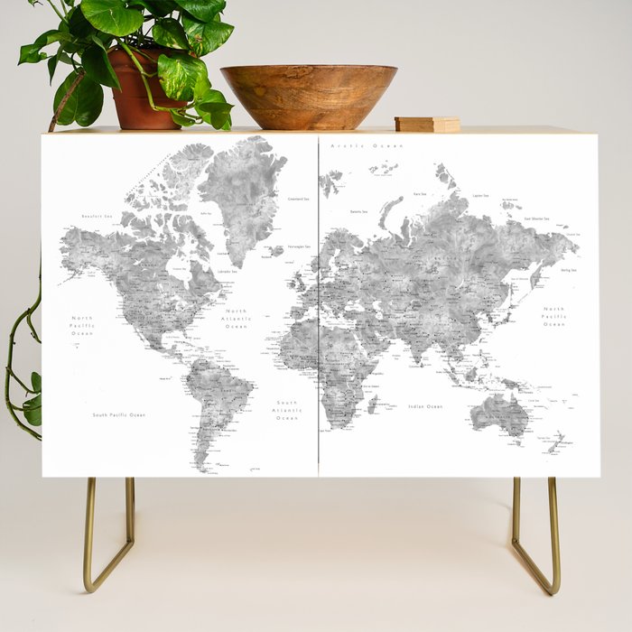 Grayscale watercolor world map with cities Credenza Gallery Image 1