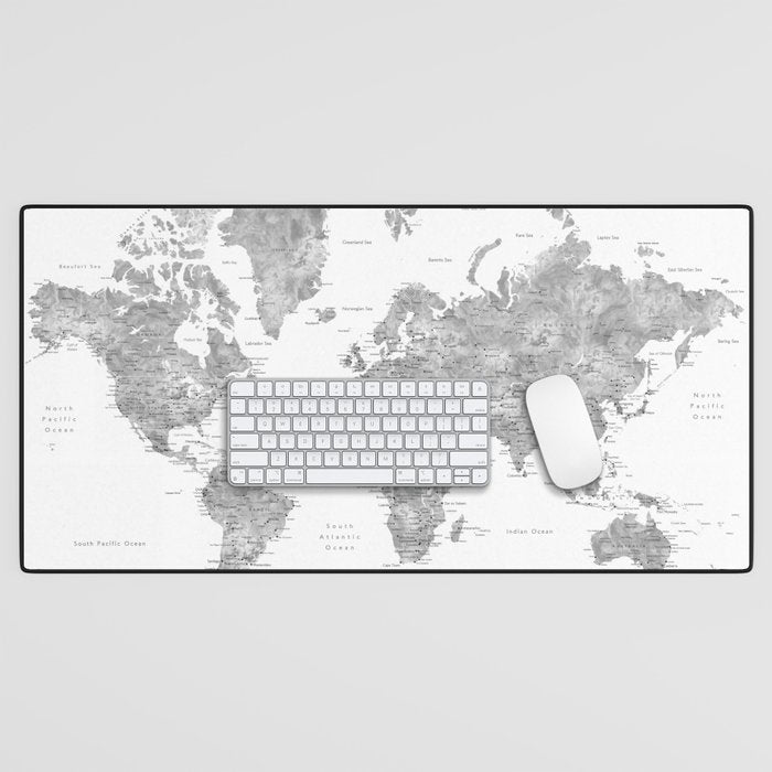 Grayscale watercolor world map with cities Desk Mat Gallery Image 1