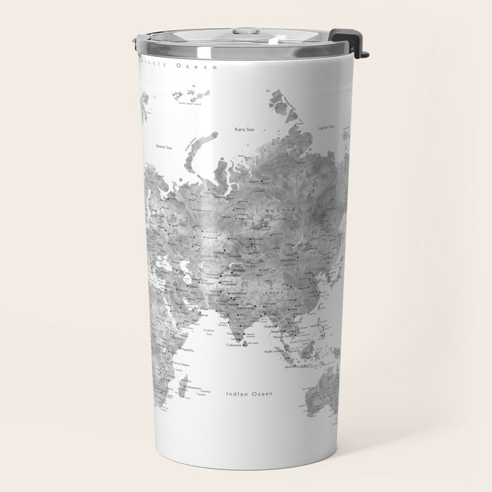 Grayscale watercolor world map with cities Travel Mug Gallery Image 2