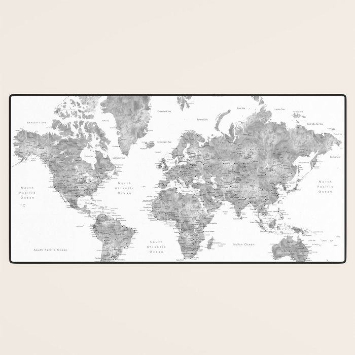Grayscale watercolor world map with cities Desk Mat Gallery Image 3