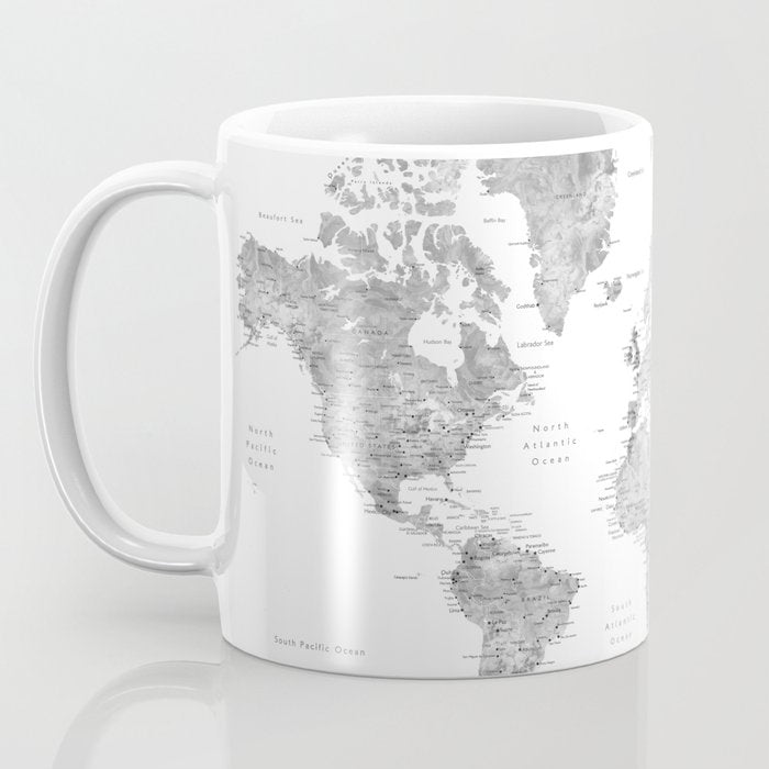 Grayscale watercolor world map with cities Coffee Mug Gallery Image 3