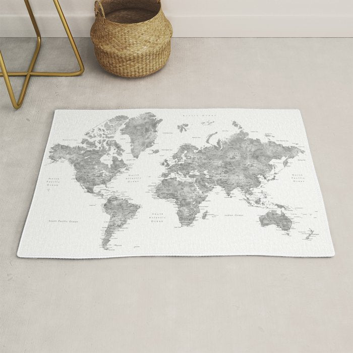 Grayscale watercolor world map with cities Rug Gallery Image 1
