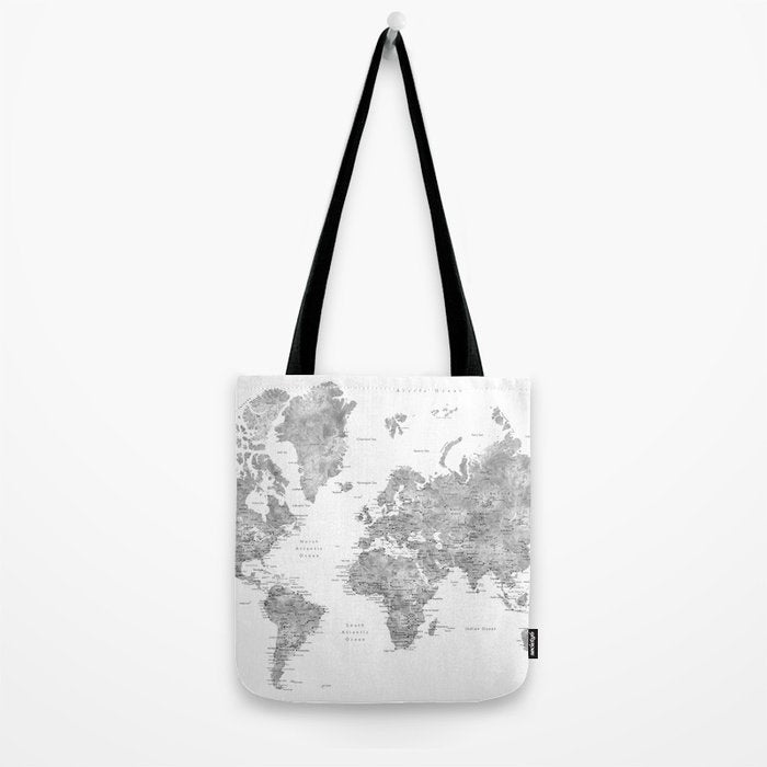 Grayscale watercolor world map with cities Tote Bag Gallery Image 2