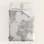 Grayscale watercolor world map with cities Duvet Cover Gallery Image 6
