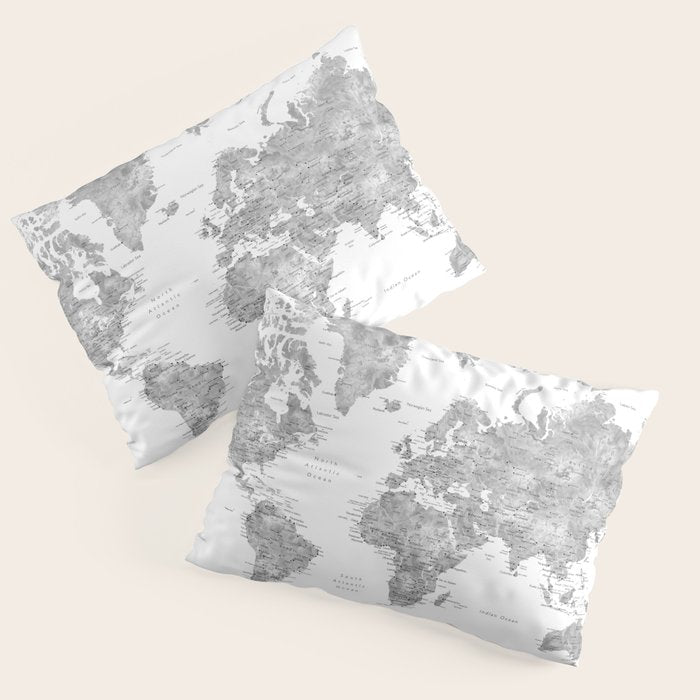 Grayscale watercolor world map with cities Pillow Sham Gallery Image 1