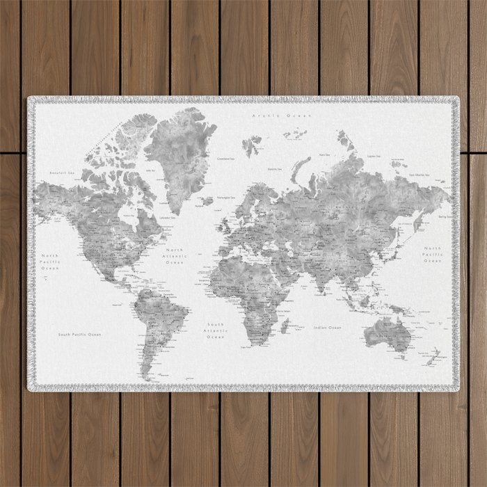 Grayscale watercolor world map with cities Outdoor Rug Gallery Image 1