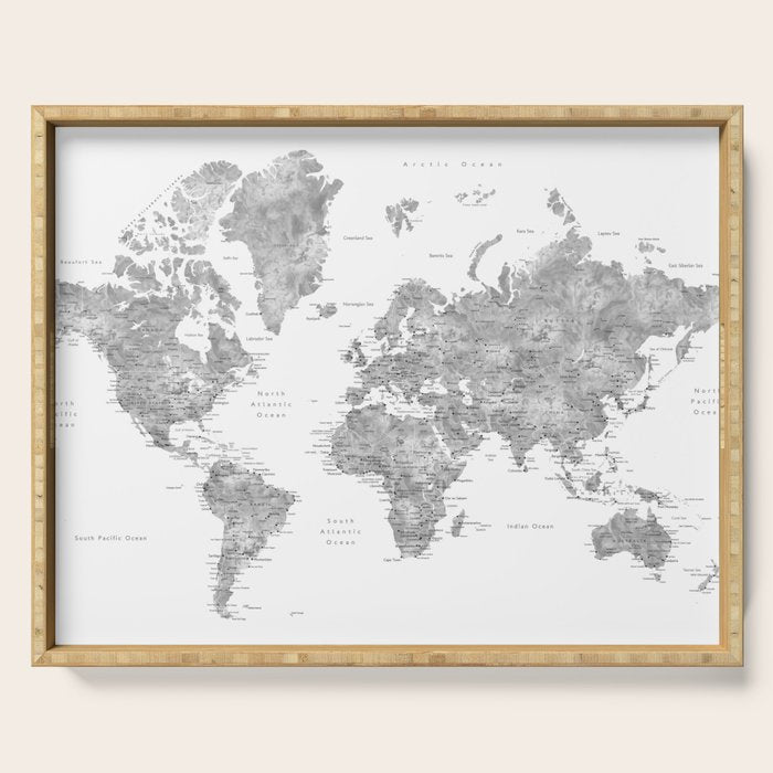 Grayscale watercolor world map with cities Serving Tray Gallery Image 1