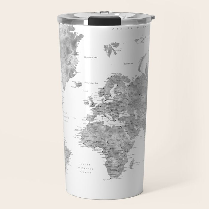 Grayscale watercolor world map with cities Travel Mug Gallery Image 1
