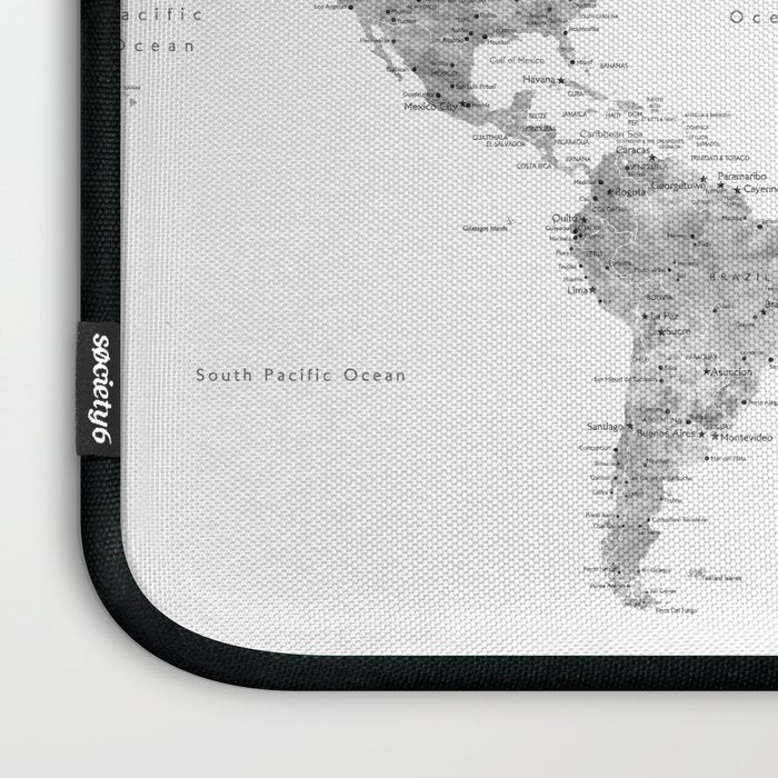 Grayscale watercolor world map with cities Laptop Sleeve Gallery Image 3