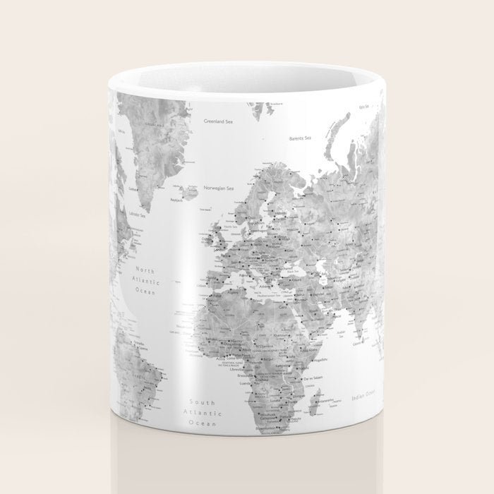 Grayscale watercolor world map with cities Coffee Mug Gallery Image 4