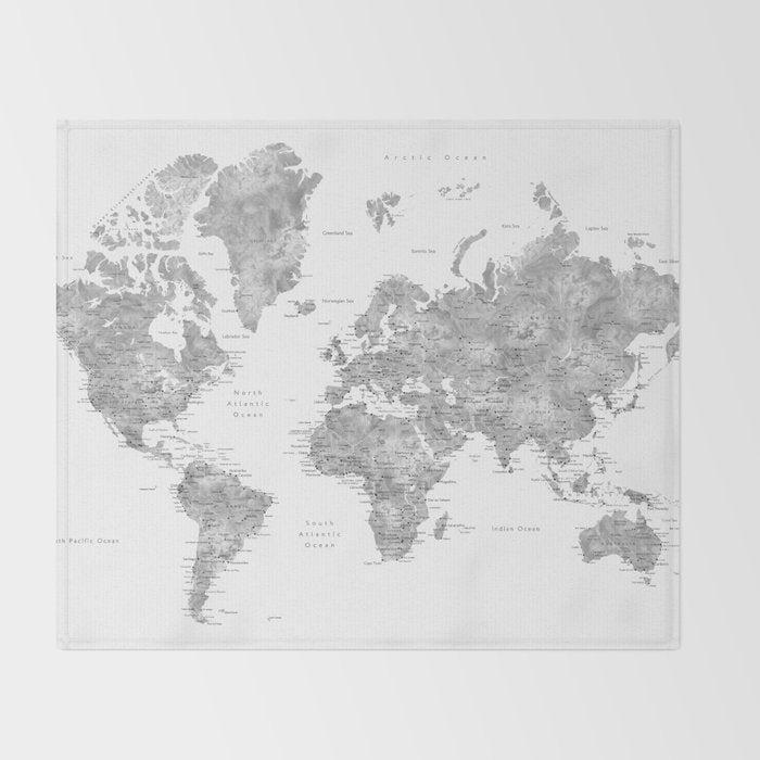 Grayscale watercolor world map with cities Throw Blanket Gallery Image 2