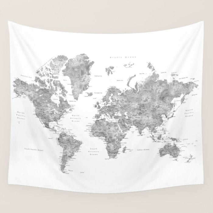 Grayscale watercolor world map with cities Wall Tapestry Gallery Image 1