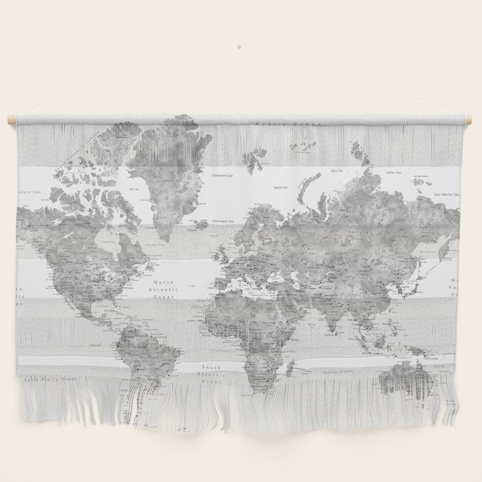 Grayscale watercolor world map with cities Wall Hanging Gallery Image 1