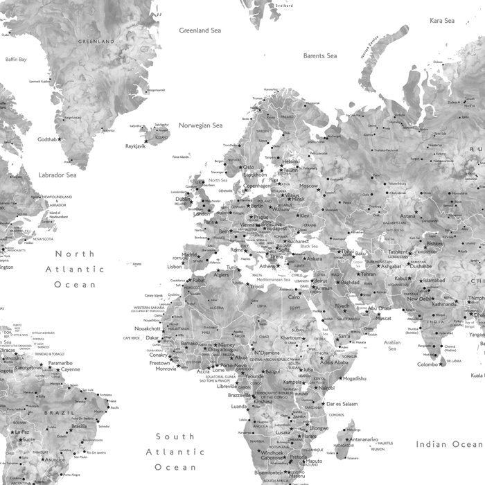 Grayscale watercolor world map with cities Coffee Mug Gallery Image 2