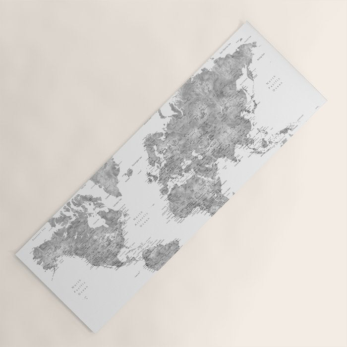 Grayscale watercolor world map with cities Yoga Mat Gallery Image 1