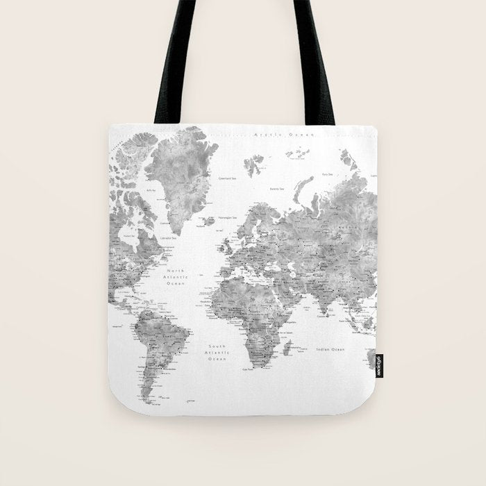 Grayscale watercolor world map with cities Tote Bag Gallery Image 1