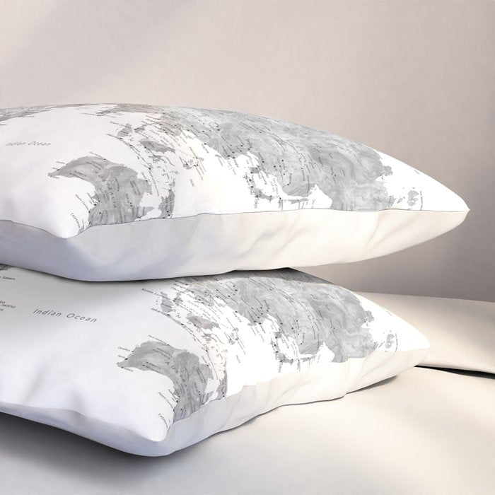 Grayscale watercolor world map with cities Pillow Sham Gallery Image 3