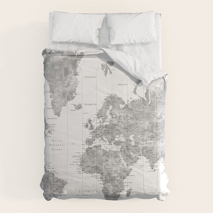Grayscale watercolor world map with cities Comforter Gallery Image 1