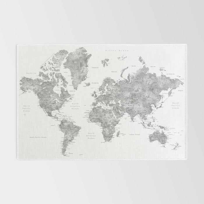 Grayscale watercolor world map with cities Rug Gallery Image 2