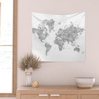 Grayscale watercolor world map with cities Wall Tapestry Gallery Image 2