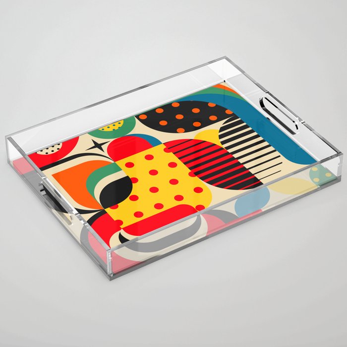Colorful Happy Mood- Folk Art Style - Geometric Abstract Illustration - Jen Du Acrylic Tray Gallery Image 1