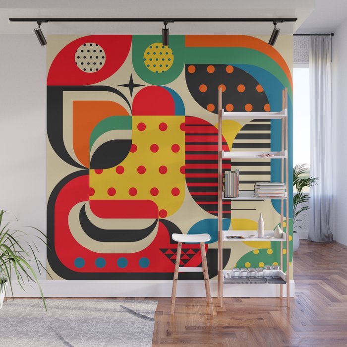 Colorful Happy Mood- Folk Art Style - Geometric Abstract Illustration - Jen Du Wall Mural Gallery Image 1
