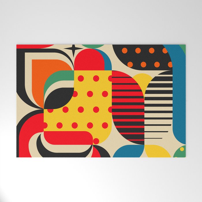Colorful Happy Mood- Folk Art Style - Geometric Abstract Illustration - Jen Du Welcome Mat Gallery Image 1