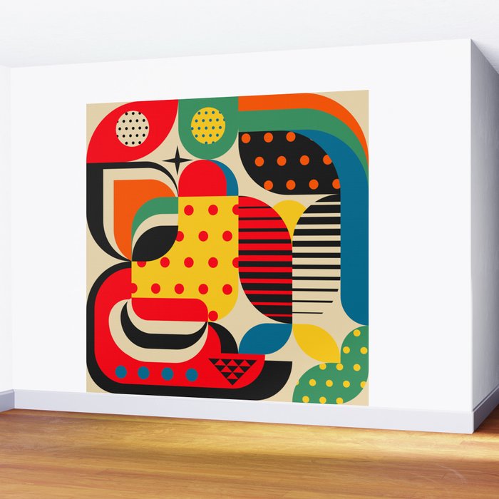 Colorful Happy Mood- Folk Art Style - Geometric Abstract Illustration - Jen Du Wall Mural Gallery Image 2