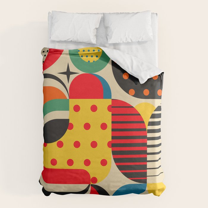 Colorful Happy Mood- Folk Art Style - Geometric Abstract Illustration - Jen Du Duvet Cover Gallery Image 1