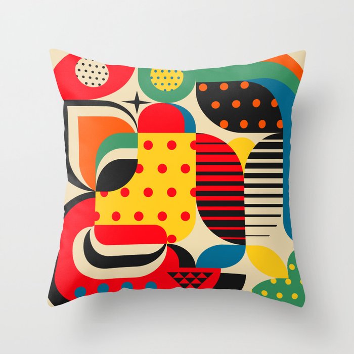Colorful Happy Mood- Folk Art Style - Geometric Abstract Illustration - Jen Du Throw Pillow Gallery Image 6