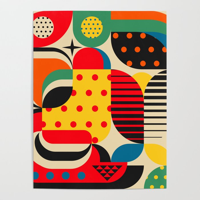 Colorful Happy Mood- Folk Art Style - Geometric Abstract Illustration - Jen Du Poster Gallery Image 4