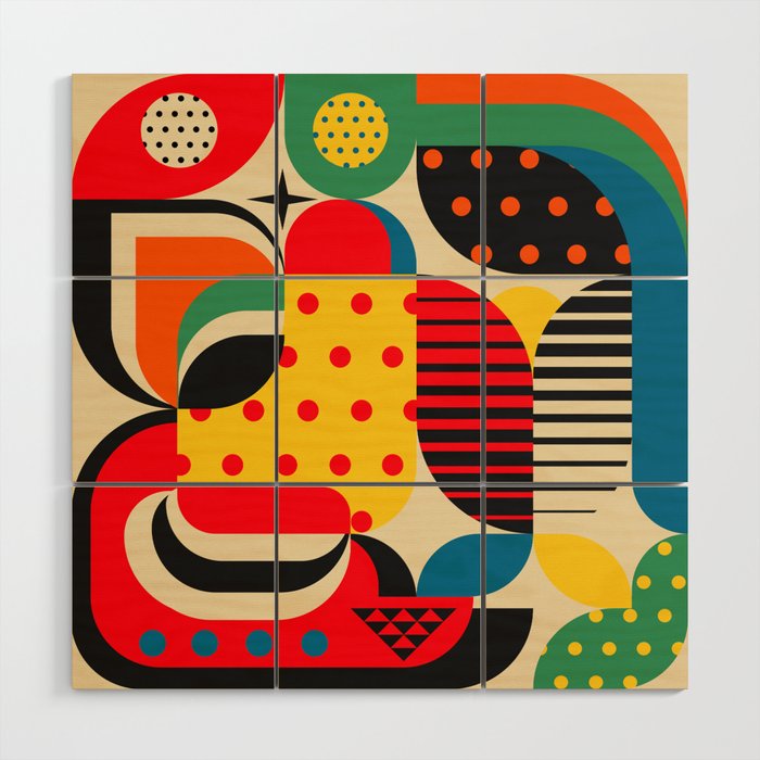 Colorful Happy Mood- Folk Art Style - Geometric Abstract Illustration - Jen Du Wood Wall Art Gallery Image 1