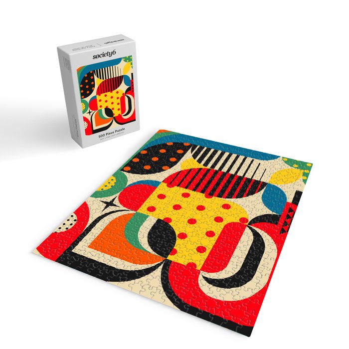 Colorful Happy Mood- Folk Art Style - Geometric Abstract Illustration - Jen Du Jigsaw Puzzle Gallery Image 2