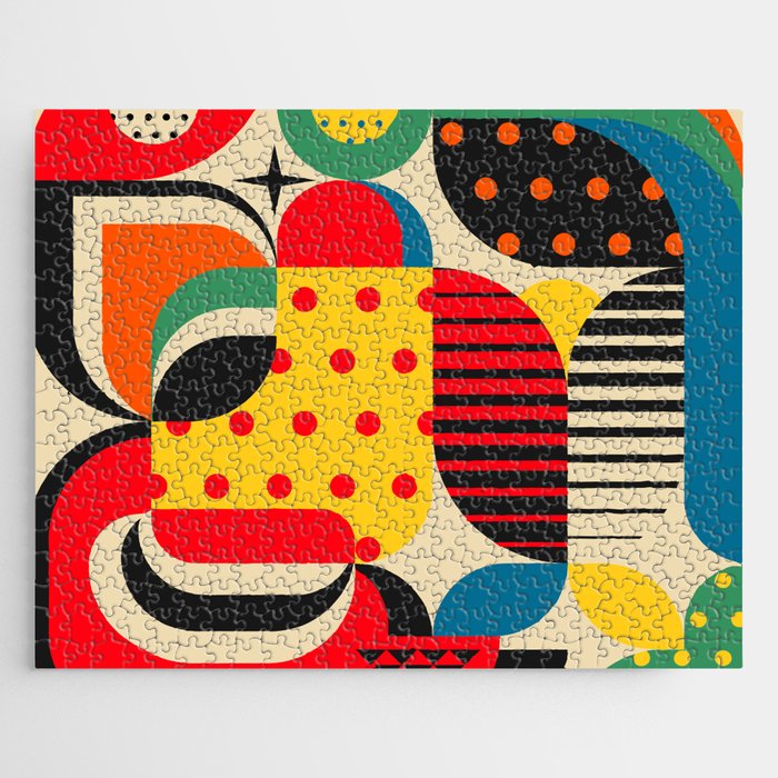 Colorful Happy Mood- Folk Art Style - Geometric Abstract Illustration - Jen Du Jigsaw Puzzle Gallery Image 1