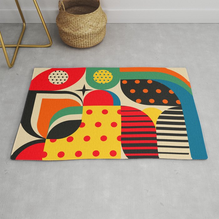 Colorful Happy Mood- Folk Art Style - Geometric Abstract Illustration - Jen Du Rug Gallery Image 1