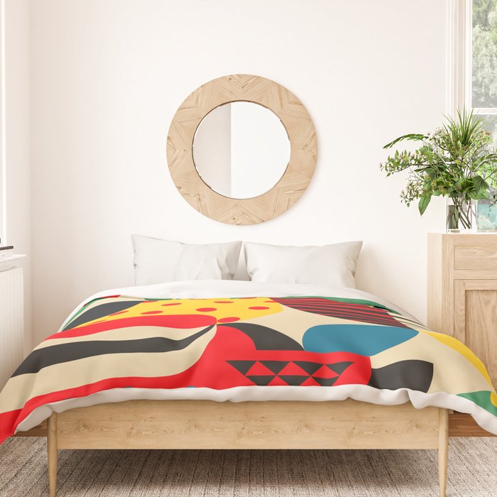 Colorful Happy Mood- Folk Art Style - Geometric Abstract Illustration - Jen Du Duvet Cover Gallery Image 3