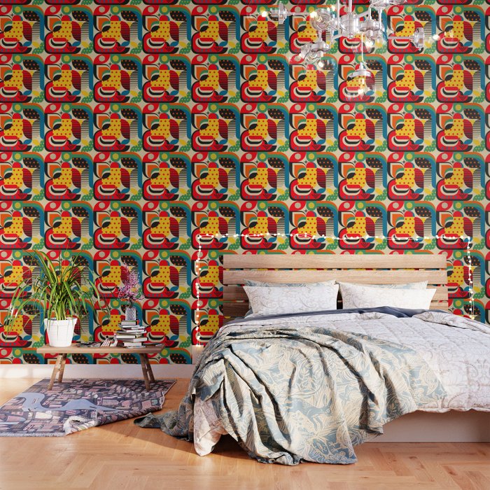 Colorful Happy Mood- Folk Art Style - Geometric Abstract Illustration - Jen Du Wallpaper Gallery Image 3