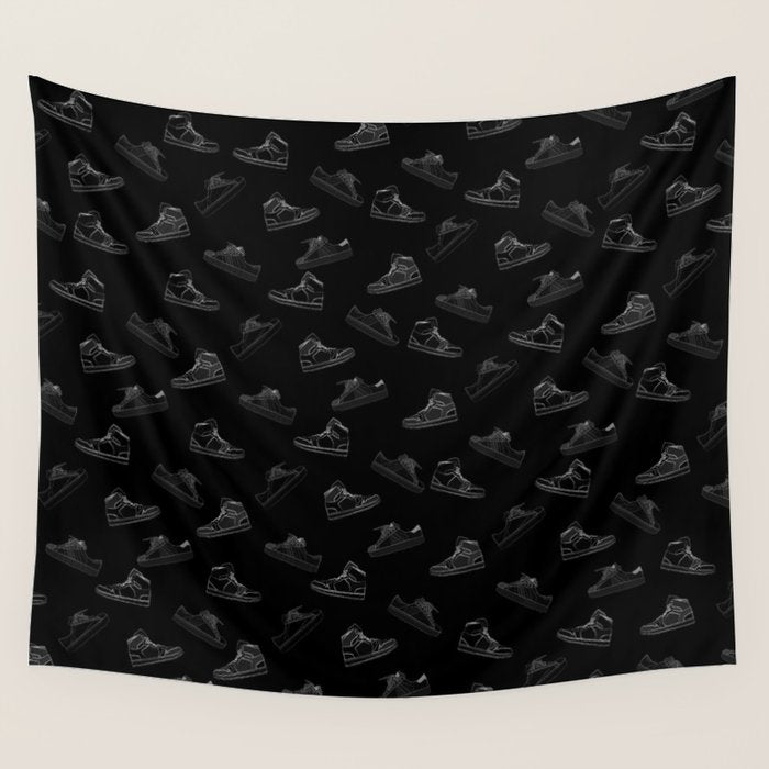 sneaker shoe pattern - white retro sneaker illustration on bla Wall Tapestry