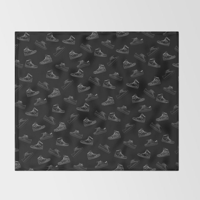 sneaker shoe pattern - white retro sneaker illustration on bla Throw Blanket Gallery Image 2