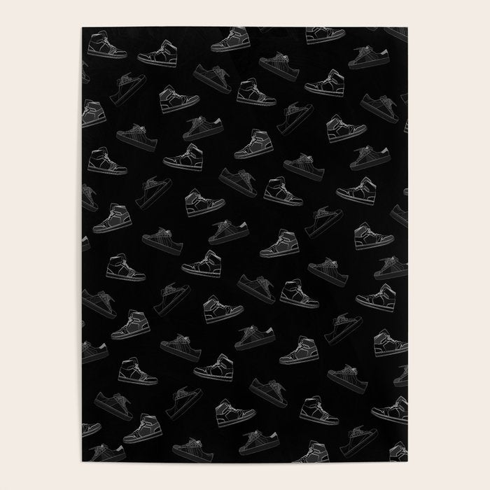 sneaker shoe pattern - white retro sneaker illustration on bla Poster Gallery Image 1