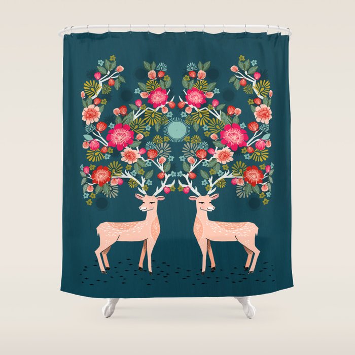 Deer with Flowers by Andrea Lauren  Shower Curtain Gallery Image 1