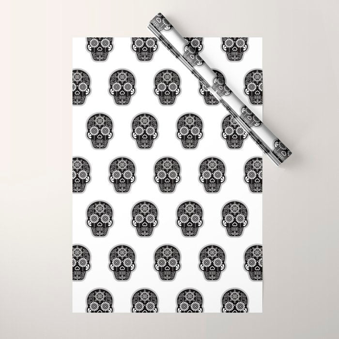 DÃ­a de Muertos Calavera â¢ Mexican Sugar Skull - Black Palette Wrapping Paper Gallery Image 1