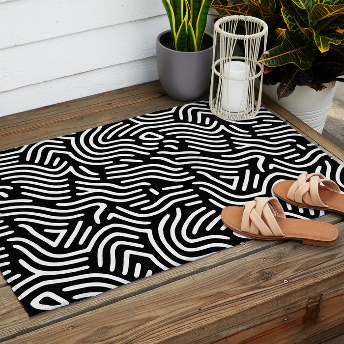Black and white line art pattern Outdoor Rug Gallery Image 2