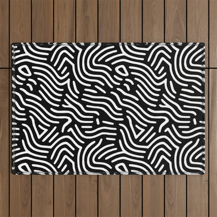 Black and white line art pattern Outdoor Rug Gallery Image 1