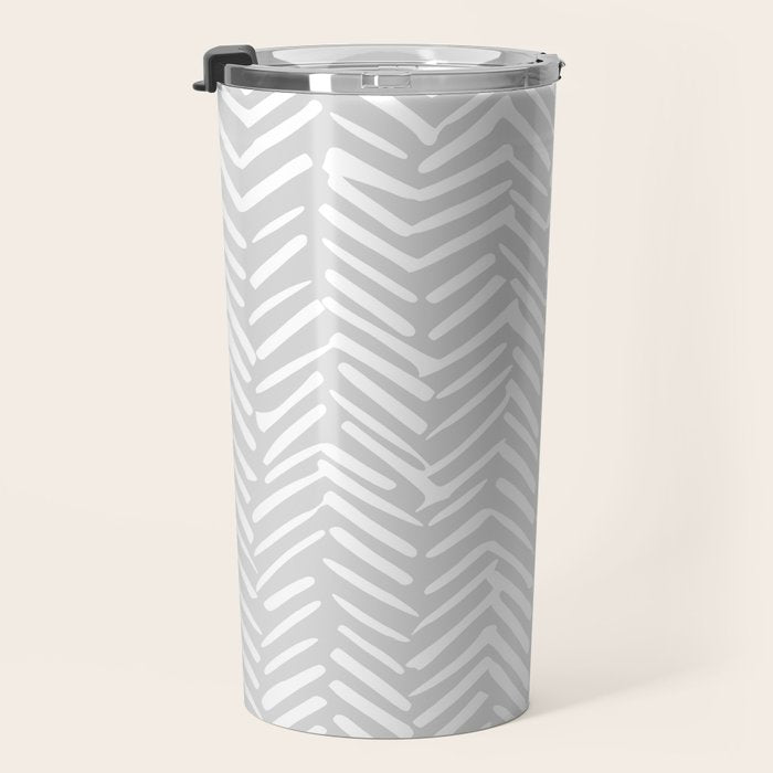 Abstract Herringbone, Striped Pattern, Gray and White Travel Mug Gallery Image 3