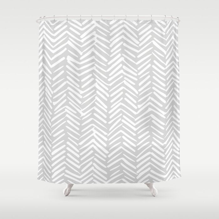Abstract Herringbone, Striped Pattern, Gray and White Shower Curtain Gallery Image 1