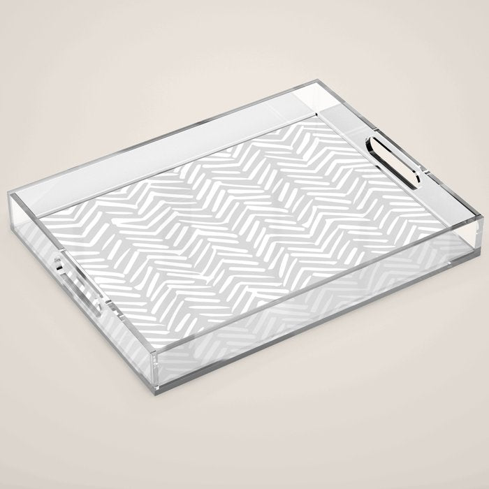 Abstract Herringbone, Striped Pattern, Gray and White Acrylic Tray Gallery Image 1