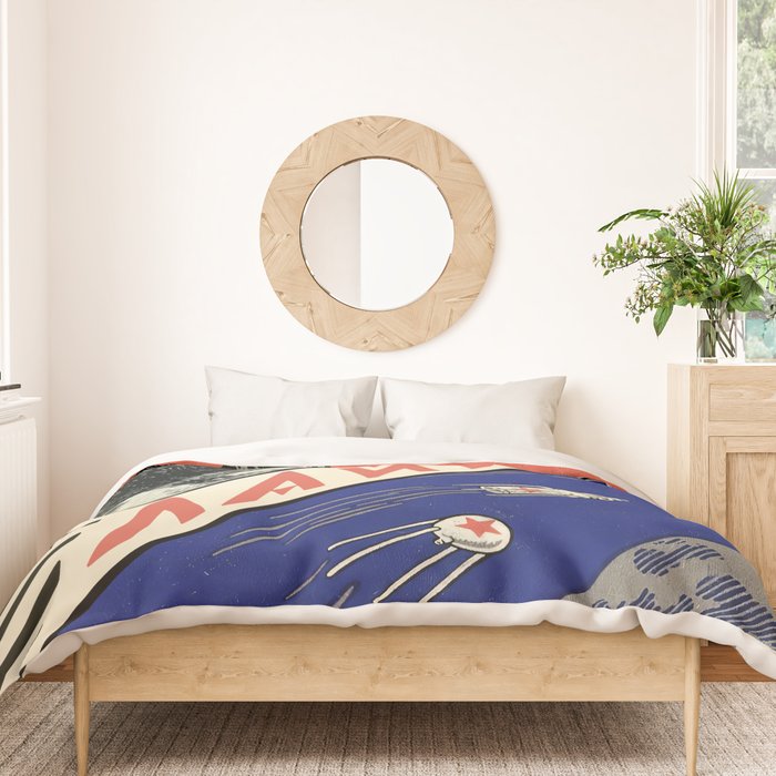 Laika, first space dog â Soviet vintage space poster [Sovietwave] Duvet Cover Gallery Image 3