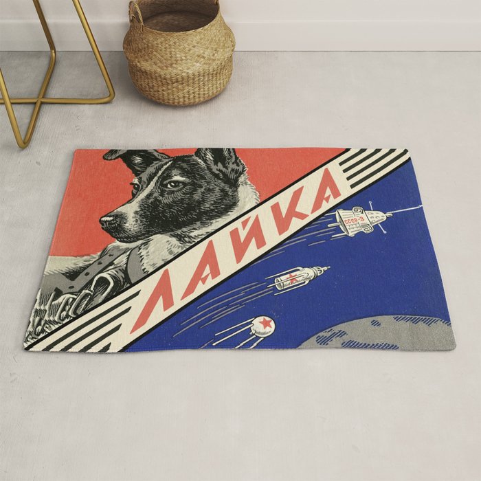Laika, first space dog â Soviet vintage space poster [Sovietwave] Rug Gallery Image 1